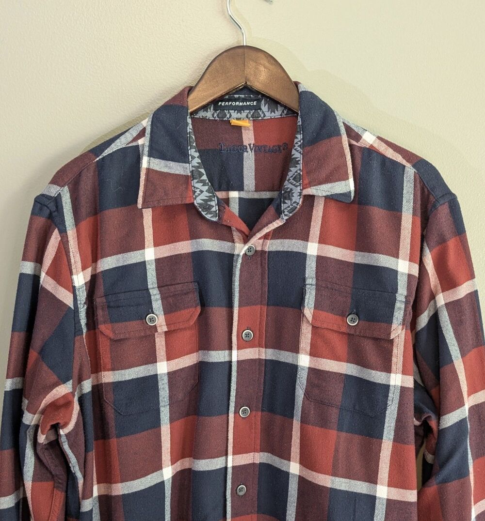 Tailor Vintage Mens XL Performance Stretch Flannel Shirt Red Blue Plaid Work